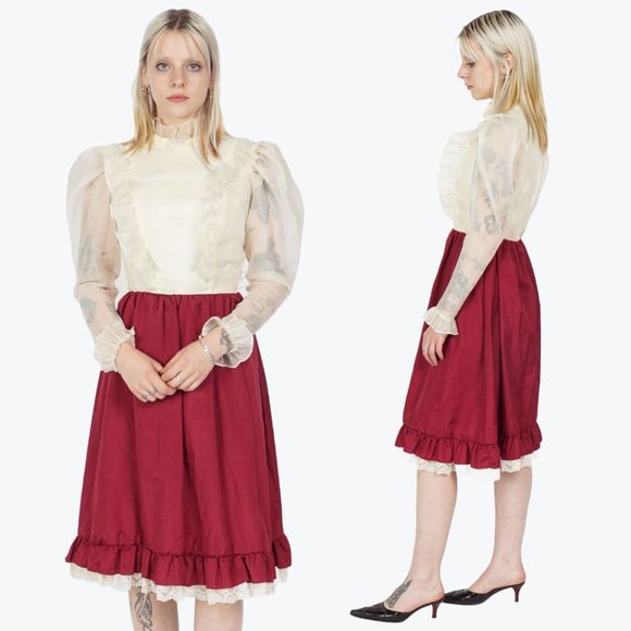 VINTAGE Victorian Burgundy Sheer Puff Sleeve Ruffle Mock Neck Dress - Picture 2 of 3
